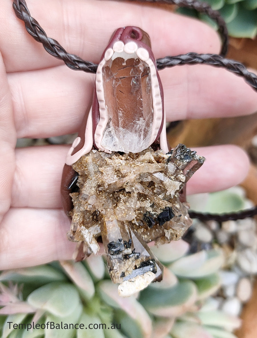 Pendant - AEGIRINE with smoky quartz and clear quartz